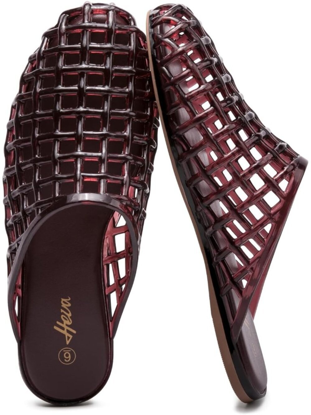 Women's Wine Red Mesh Hollow Slip On Closed Toe Slippers Casual Flat Sandals